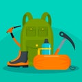 Hiker backpack with tools and shoes background, flat style