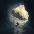 Hiker with a Backpack Walking Toward the Entrance of an Ice Cave