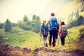 Hiker backpackers hiking in mountains