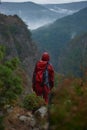 Hiker from behind standing in mountains in rain with backpack wearing raincoat. Royalty Free Stock Photo