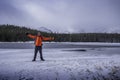 Hiker at Bierstadt Lake in Winter Royalty Free Stock Photo