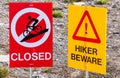 Hiker and Biker warning signs, Girdwood, Alaska, USA Royalty Free Stock Photo