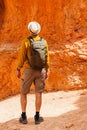 Hiker in Bryce canyon looking on the rock formations, view from the back Royalty Free Stock Photo