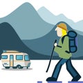 Hiker camper van mountain range vector logo illustration design