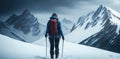 A hiker carrying a large backpack walks on the snowy mountain plains amid severe blizzard weather.Generative AI