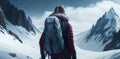 A hiker carrying a large backpack walks on the snowy mountain plains amid severe blizzard weather.Generative AI