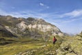 Hiker in the Circus of Troumouse - Pyrenees Mountains Royalty Free Stock Photo