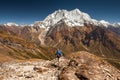 Hiker is climbig to Manaslu base camp in highlands of Himalayas
