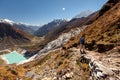 Hiker is climbig to Manaslu base camp in highlands of Himalayas Royalty Free Stock Photo