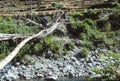 Hiker crossing suspension bridge Royalty Free Stock Photo