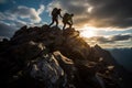 Hiker extending a helping hand to guide friend towards the majestic summit of the mountain peak Royalty Free Stock Photo