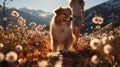 A hiker girl with her dog in the field. Flowers in the nature, blooming season, sun, spring colors. Royalty Free Stock Photo