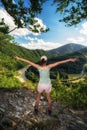 Hiker girl looking on Domasin meander of river Vah in Slovakia