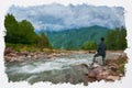 Hiker girl standing alone and watching river and Mountains. Watercolor illustration. Freedom and Adventure concept