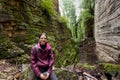 Hiker girl, trail, rock formation, stairs, MÃÂ¼llerthal, Luxembourg