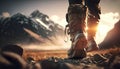 Hiker Goes Against Cloudy Sky Mountains And Sun - Generative AI