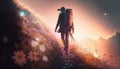 Hiker with a heavy backpack walking up the mountain slope. Beautiful landscape with blooming flowers. Generative AI