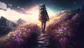 Hiker With A Heavy Backpack Walking Up The Mountain Slope Through The Beautiful Landscape With Blooming Flowers. Generative AI
