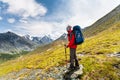 Hiker in highlands of Altai mountains