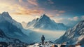 Hiker in Himalaya mountains. Man with backpack standing on top of the rock Royalty Free Stock Photo