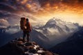 Hiker in Himalaya mountains at sunset. Trekking in Nepal, Embark on an exhilarating mountain adventure!, AI Generated Royalty Free Stock Photo