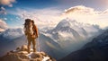 Hiker in Himalaya mountains at sunset. Trekking in Nepal, Embark on an exhilarating mountain adventure!, AI Generated