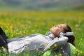 Hiker listening to music relaxing in the mountain