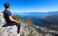 A hiker on Maggie's Peak over Lake Tahoe Royalty Free Stock Photo