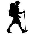 Hiker man with a backpack in a cap, black silhouette on a white background. Traveling in nature for a walk in the fresh air