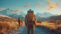 Hiker man with backpack hiking in the mountains. Hiking concept. generative ai art