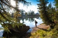 The hiker man at the beautiful Lago Di Federa See early morning Royalty Free Stock Photo