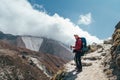 Hiker man silhouette on clouds background standing on path going over the Imja Khola valley and enjoying mountain views during an