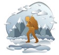 Hiker man walking through grasslands with high mountain peaks in background. Vector illustration of scenic nature with hiking guy