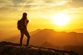 Hiker meets the sunset on the Moro rock in Sequoia national park, California, USA Royalty Free Stock Photo
