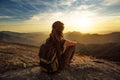 Hiker meets the sunset on the Moro rock in Sequoia national park, California, USA