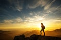 Hiker meets the sunset on the Moro rock in Sequoia national park, California, USA Royalty Free Stock Photo