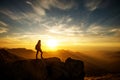 Hiker meets the sunset on the Moro rock in Sequoia national park, California, USA Royalty Free Stock Photo