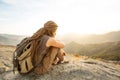 Hiker meets the sunset on the Moro rock in Sequoia national park, California, USA Royalty Free Stock Photo