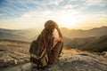 Hiker meets the sunset on the Moro rock in Sequoia national park, California, USA Royalty Free Stock Photo