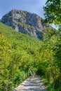 Hiker Mountain Landscape. Hikers With Backpack Climbs In Mountainous Path