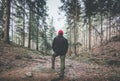 Hiker in mountain moody landscape springtime