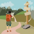 Hiker on mountain trail map