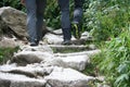 Hiker on mountain trail. Walking tourist