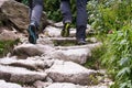 Hiker on mountain trail. Walking tourist in mountains