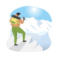 Hiker Mountaineer Man Standing on Top Ice Snow Mountain Flat Illustration Royalty Free Stock Photo