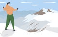 Hiker Mountaineer Man Standing on Top Ice Snow Mountain Flat Illustration Royalty Free Stock Photo