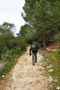 Hiker in the Mozarabic Camino de Santiago, Cerro Muriano, Province of Cordoba, Andalusia, Spain
