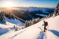 A hiker navigating a steep, snow-covered slope in the heart of a pristine winter wilderness