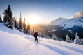 A hiker navigating a steep, snow-covered slope in the heart of a pristine winter wilderness