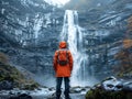 hiker in orange jacket standing in front of tall waterfall surrounded by rocky mountain cliffs Royalty Free Stock Photo